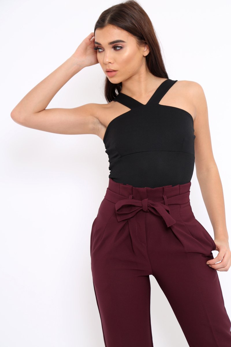 Black V Neck Strap Bandeau Bodysuit - Karlah-Bodysuits
