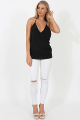 Black V Neck Strappy back Detail Vest - Huyen-Tops
