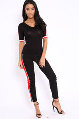 Black V Neck Tee with Contrast Sleeve Trim - Meryl-Tops