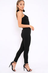 Black V- Plunge Gold Belt Jumpsuit -Izela-Jumpsuits