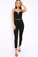 Black V- Plunge Gold Belt Jumpsuit -Izela-Jumpsuits