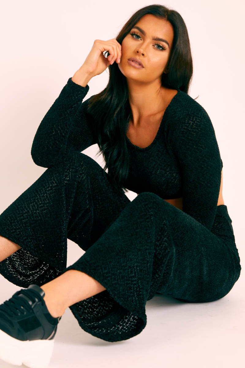 Black Velour Crop Top Wide Leg Trouser Co-Ord - Salina-Co-ords