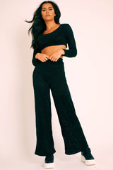 Black Velour Crop Top Wide Leg Trouser Co-Ord - Salina-Co-ords