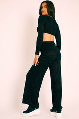 Black Velour Crop Top Wide Leg Trouser Co-Ord - Salina-Co-ords
