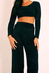 Black Velour Crop Top Wide Leg Trouser Co-Ord - Salina-Co-ords