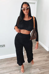 Black Velour Crop Top Wide Leg Trouser Co-Ord - Salina-Co-ords
