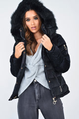 Black Velour Fur Hood Puffer Jacket - Eastlynn-Coats
