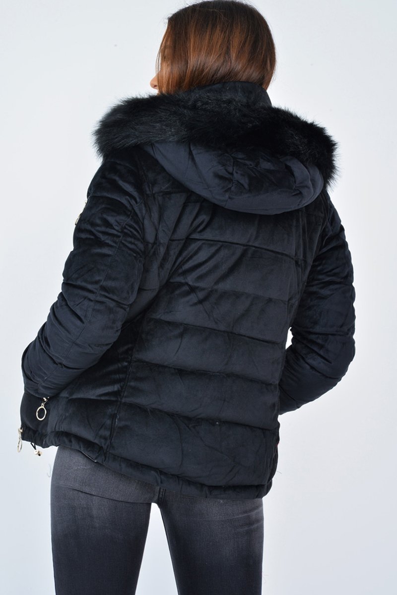 Black Velour Fur Hood Puffer Jacket - Eastlynn-Coats