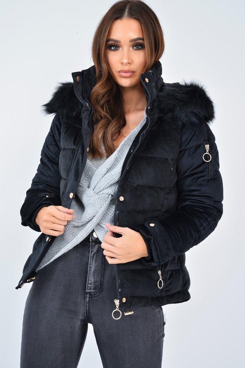 Black Velour Fur Hood Puffer Jacket - Eastlynn-Coats