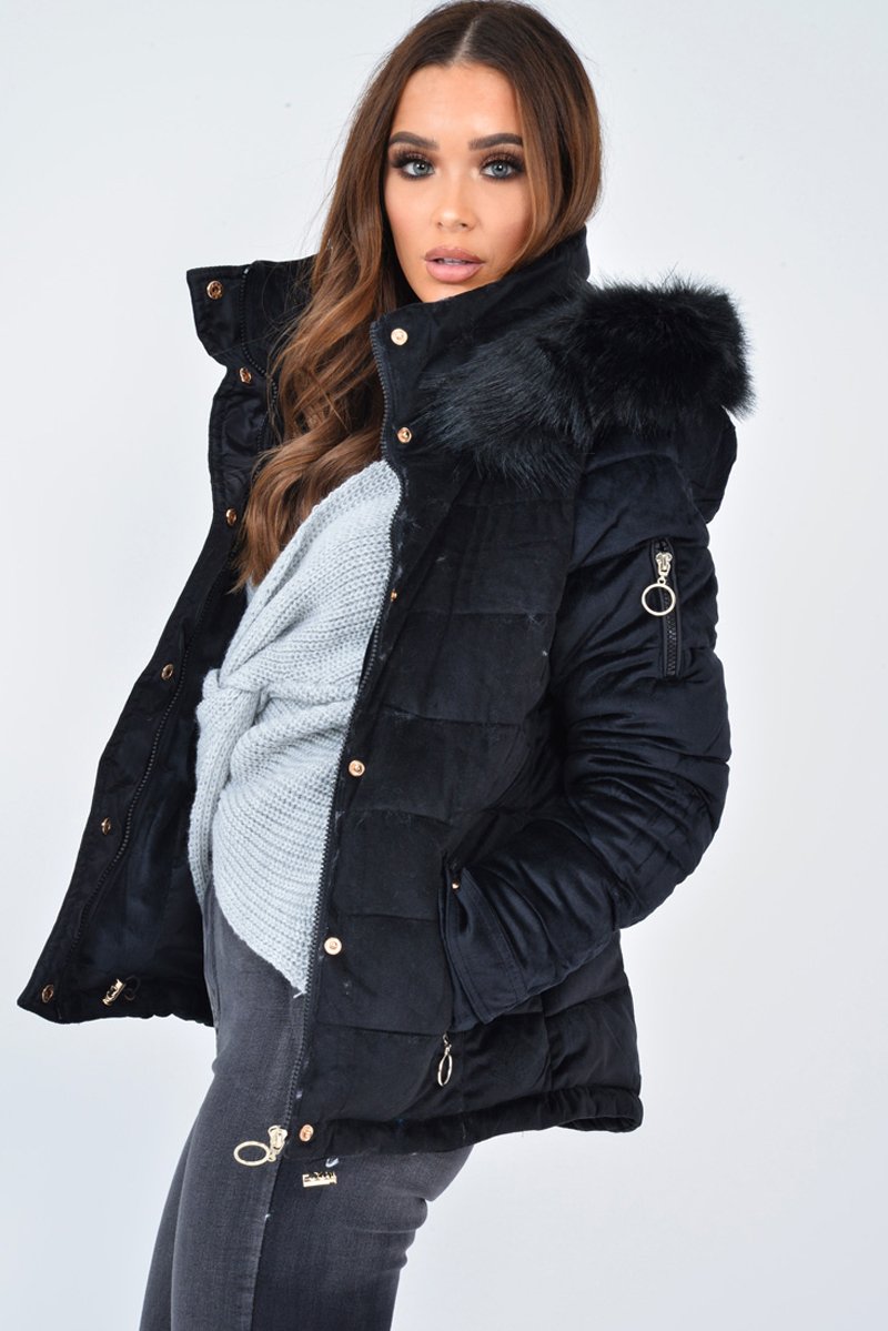 Black Velour Fur Hood Puffer Jacket - Eastlynn-Coats