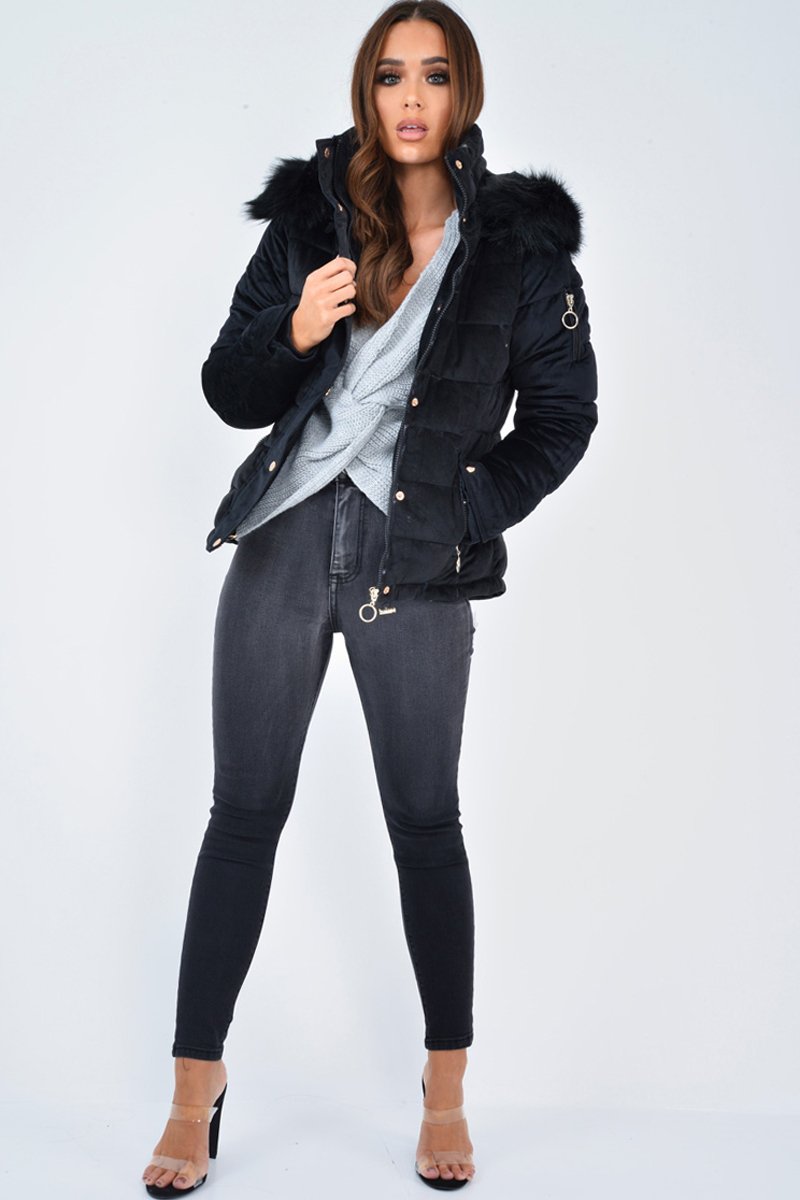 Black Velour Fur Hood Puffer Jacket - Eastlynn-Coats