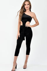 Black Velour One Shouldered Crop Top And Leggings Co-ord - Everlyn-Co-ords
