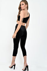 Black Velour One Shouldered Crop Top And Leggings Co-ord - Everlyn-Co-ords