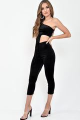 Black Velour One Shouldered Crop Top And Leggings Co-ord - Everlyn-Co-ords