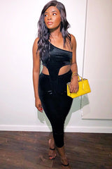 Black Velour One Shouldered Crop Top And Leggings Co-ord - Everlyn-Co-ords