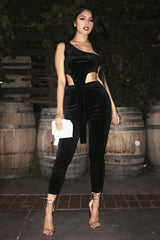 Black Velour One Shouldered Crop Top And Leggings Co-ord - Everlyn-Co-ords