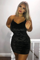 Black Velour Plunge Chain Strap Mini Dress - Frankie-Dresses