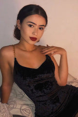 Black Velour Plunge Chain Strap Mini Dress - Frankie-Dresses