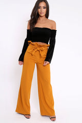 Black Velvet Bardot Shirred Crop Top with Flared Sleeves - Shera-Crop Tops