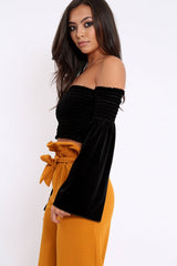 Black Velvet Bardot Shirred Crop Top with Flared Sleeves - Shera-Crop Tops