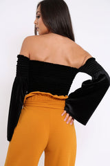 Black Velvet Bardot Shirred Crop Top with Flared Sleeves - Shera-Crop Tops