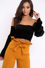 Black Velvet Bardot Shirred Crop Top with Flared Sleeves - Shera-Crop Tops