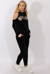 Black Velvet Cold Shoulder Sequined Tracksuit - Kiki-Tracksuits
