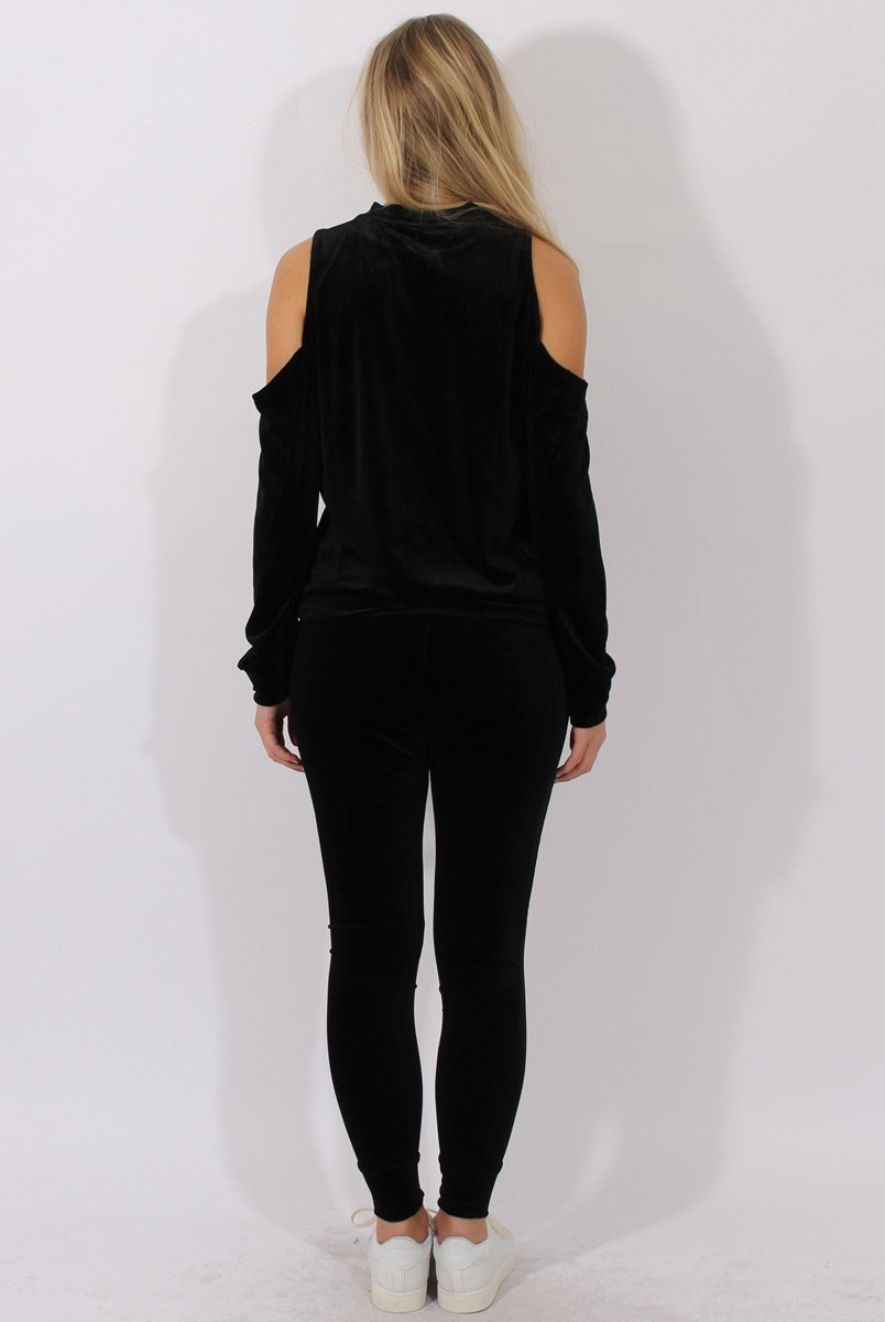 Black Velvet Cold Shoulder Sequined Tracksuit - Kiki-Tracksuits
