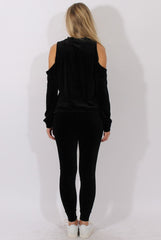 Black Velvet Cold Shoulder Sequined Tracksuit - Kiki-Tracksuits