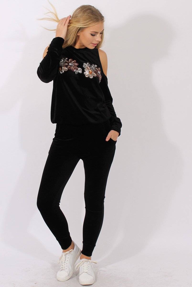 Black Velvet Cold Shoulder Sequined Tracksuit - Kiki-Tracksuits
