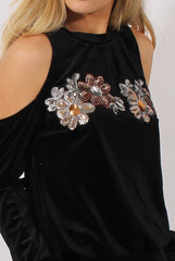 Black Velvet Cold Shoulder Sequined Tracksuit - Kiki-Tracksuits