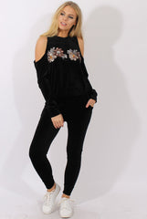 Black Velvet Cold Shoulder Sequined Tracksuit - Kiki-Tracksuits