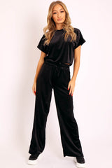 Black Velvet Crop Top and Trousers Loungewear Set - Kani-Loungewear