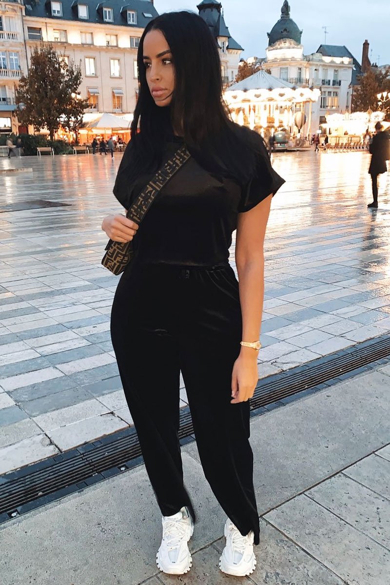 Black Velvet Crop Top and Trousers Loungewear Set - Kani-Loungewear