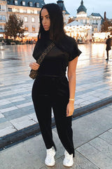 Black Velvet Crop Top and Trousers Loungewear Set - Kani-Loungewear