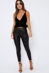 Black Velvet Frill Hem Crop Top - Krissie-Crop Tops