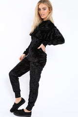 Black Velvet Frill Tracksuit - Katey-Loungewear