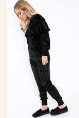 Black Velvet Frill Tracksuit - Katey-Loungewear