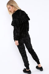 Black Velvet Frill Tracksuit - Katey-Loungewear