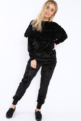 Black Velvet Frill Tracksuit - Katey-Loungewear