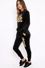 Black Velvet Girl Boss Slogan Tracksuit - Kacie-Loungewear