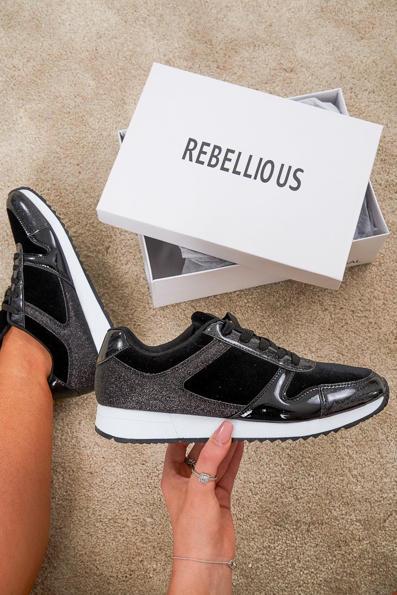 Black Velvet Glitter Lace Up Trainers - Taia-Trainers