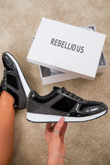 Black Velvet Glitter Lace Up Trainers - Taia-Trainers