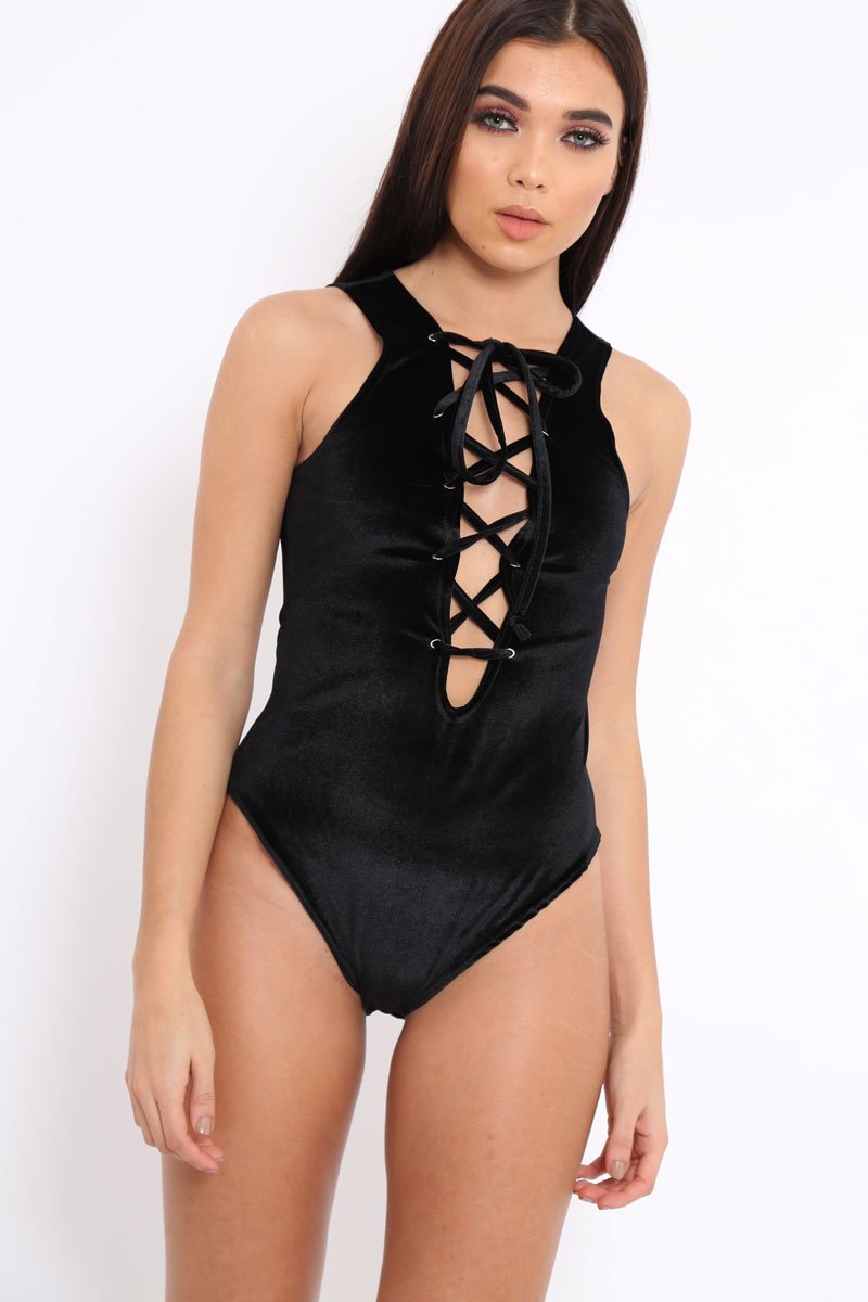 Black Velvet Lace Front Bodysuit - Shona-Bodysuits