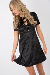 Black Velvet Lace Up Skater Dress - Taylah-Dresses