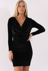 Black Velvet Long Sleeve Cowl Neck Dress - Asteroid-Dresses