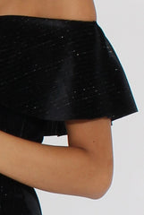 Black Velvet Lurex Stripe Bardot Frill Layer Dress - Carmel-Dresses