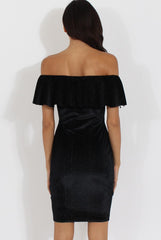 Black Velvet Lurex Stripe Bardot Frill Layer Dress - Carmel-Dresses
