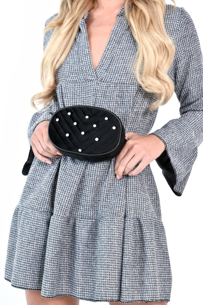 Black Velvet Pearl Studded Bum Bag - Leonia-Bags