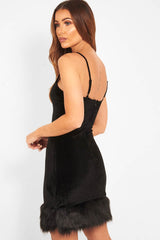 Black Velvet Plunge Feather Hem Dress - Avereigh-Dresses